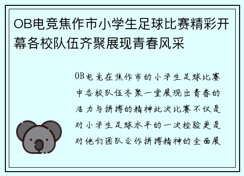 OB电竞焦作市小学生足球比赛精彩开幕各校队伍齐聚展现青春风采