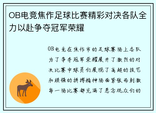 OB电竞焦作足球比赛精彩对决各队全力以赴争夺冠军荣耀
