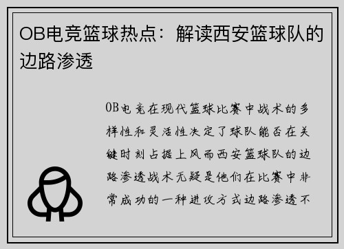 OB电竞篮球热点：解读西安篮球队的边路渗透