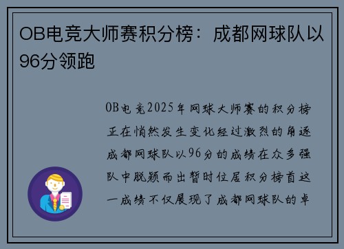 OB电竞大师赛积分榜：成都网球队以96分领跑