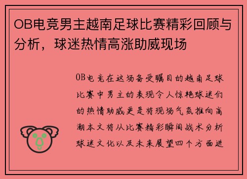 OB电竞男主越南足球比赛精彩回顾与分析，球迷热情高涨助威现场